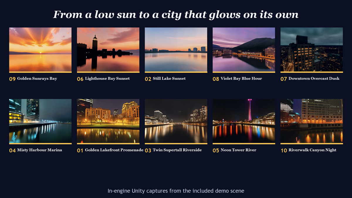 Waterfront Cities Sunset to Night - 8K True HDR Skyboxes (URP, HDRP)