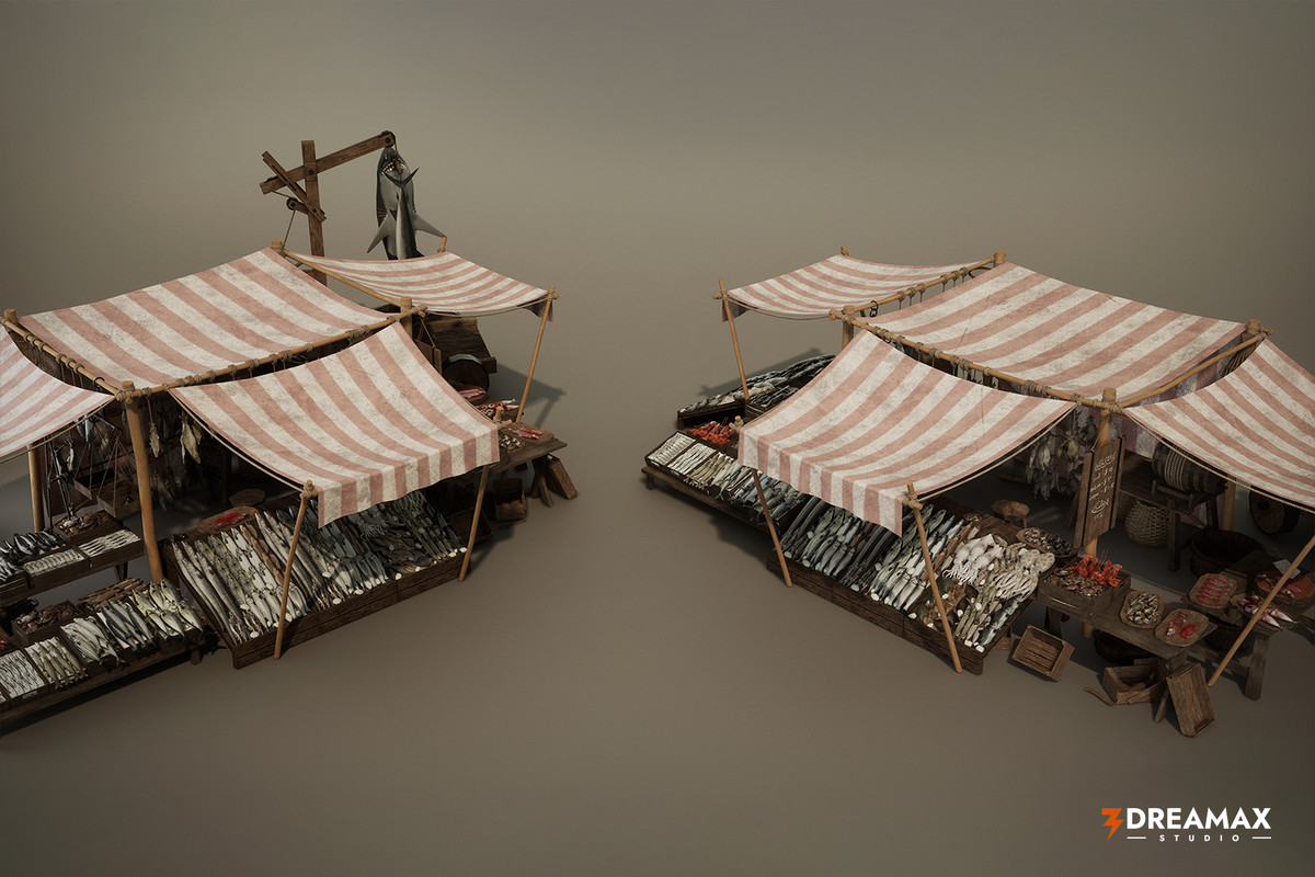 Medieval Fish Market Stalls & Seafood Display Props Pack Vol. 1