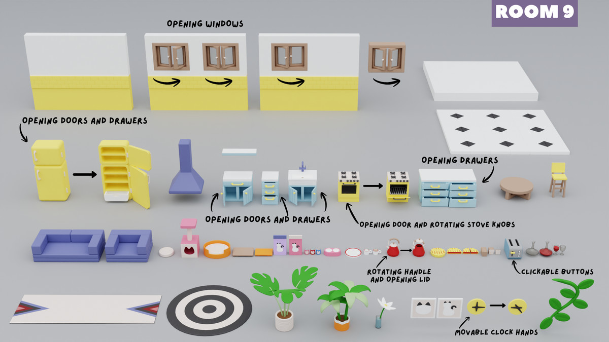 Cartoon Interactive Rooms & Furniture - Cozy Interior Pack