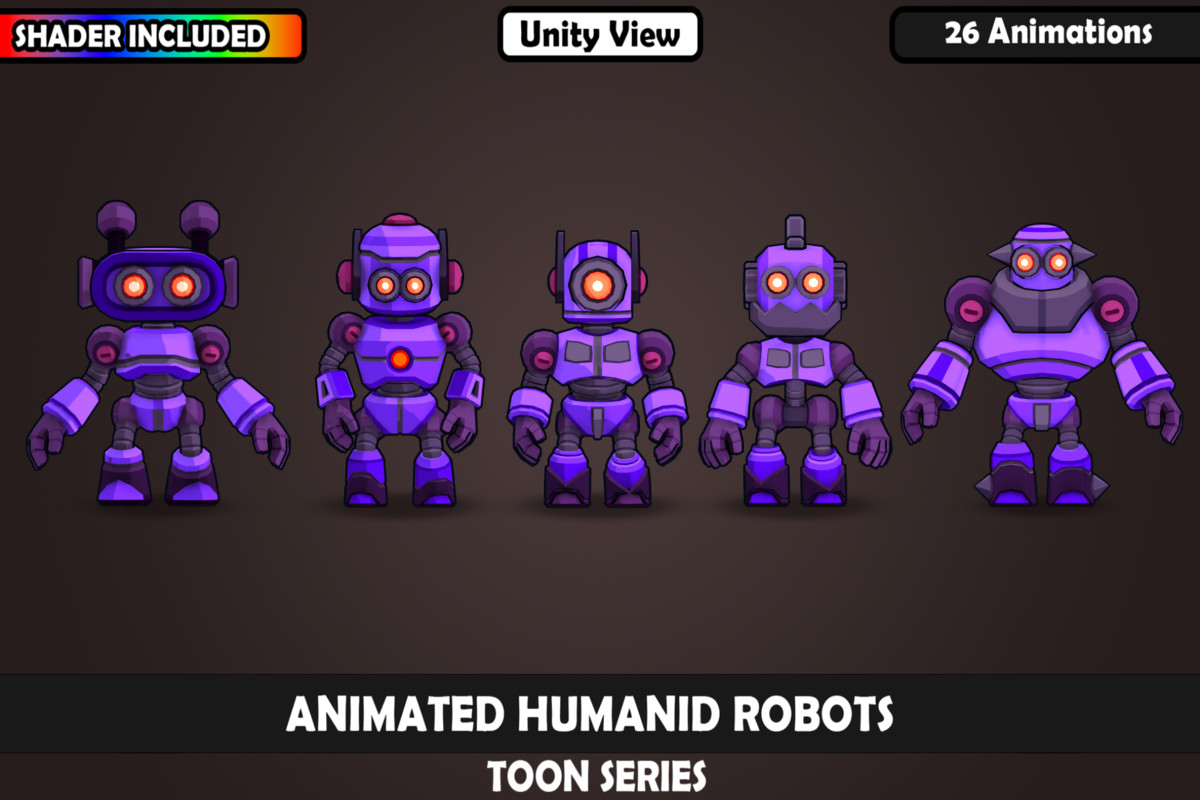 V1 Animated Toon Humanoid Robot Charcaters : 5 Characters, 26 Animations, Matcap