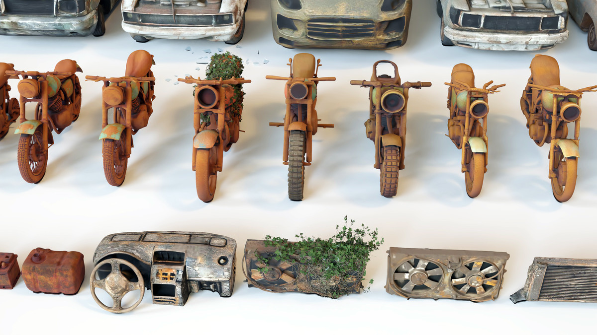 Old Abandoned Junk Rusty Vehicles 3d Game Ready Set (Car, Bus, Motorcycle, Bike)