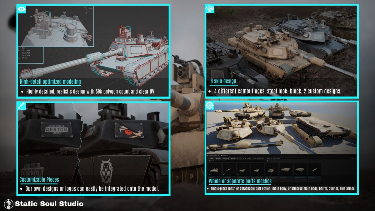 M1A2 Abrams Battle Tank Pack ( 8 Skin Design , Customizable Pieces , Optimized )