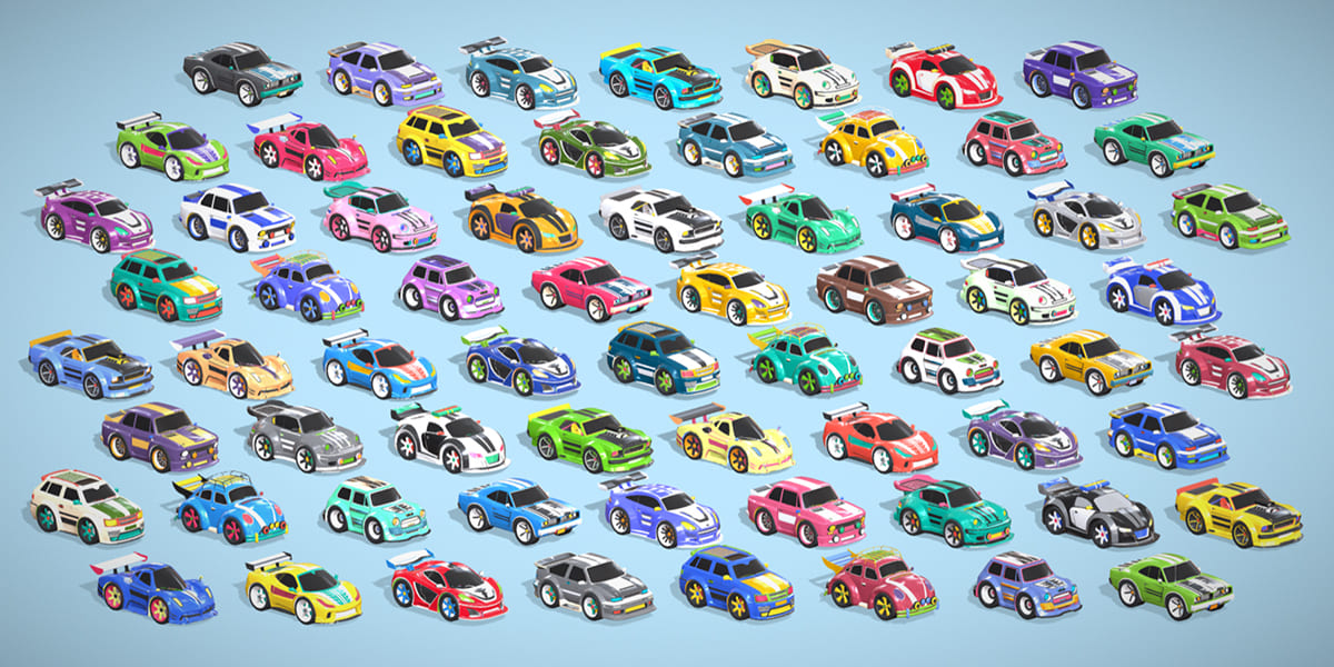 Tiny Sports Car Pack - 66 Low Poly Cute Toon Style Mini Racing Cars Chibi Style