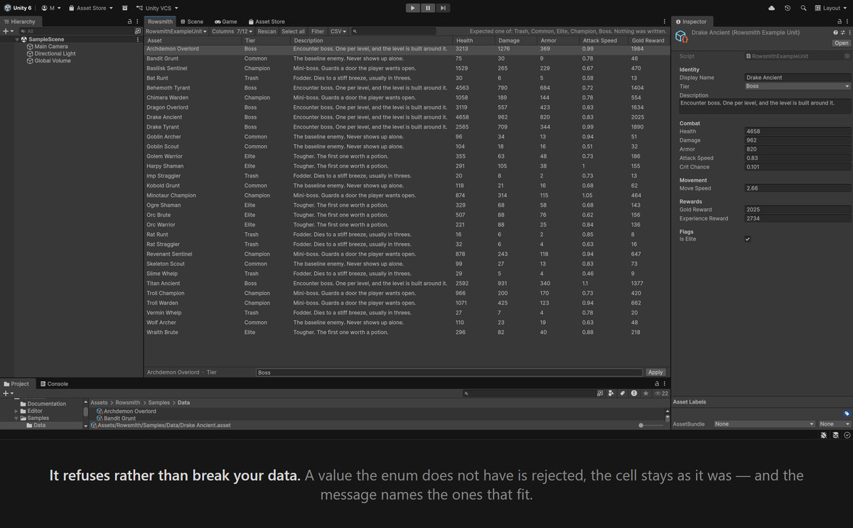 Rowsmith — ScriptableObject Spreadsheet Editor
