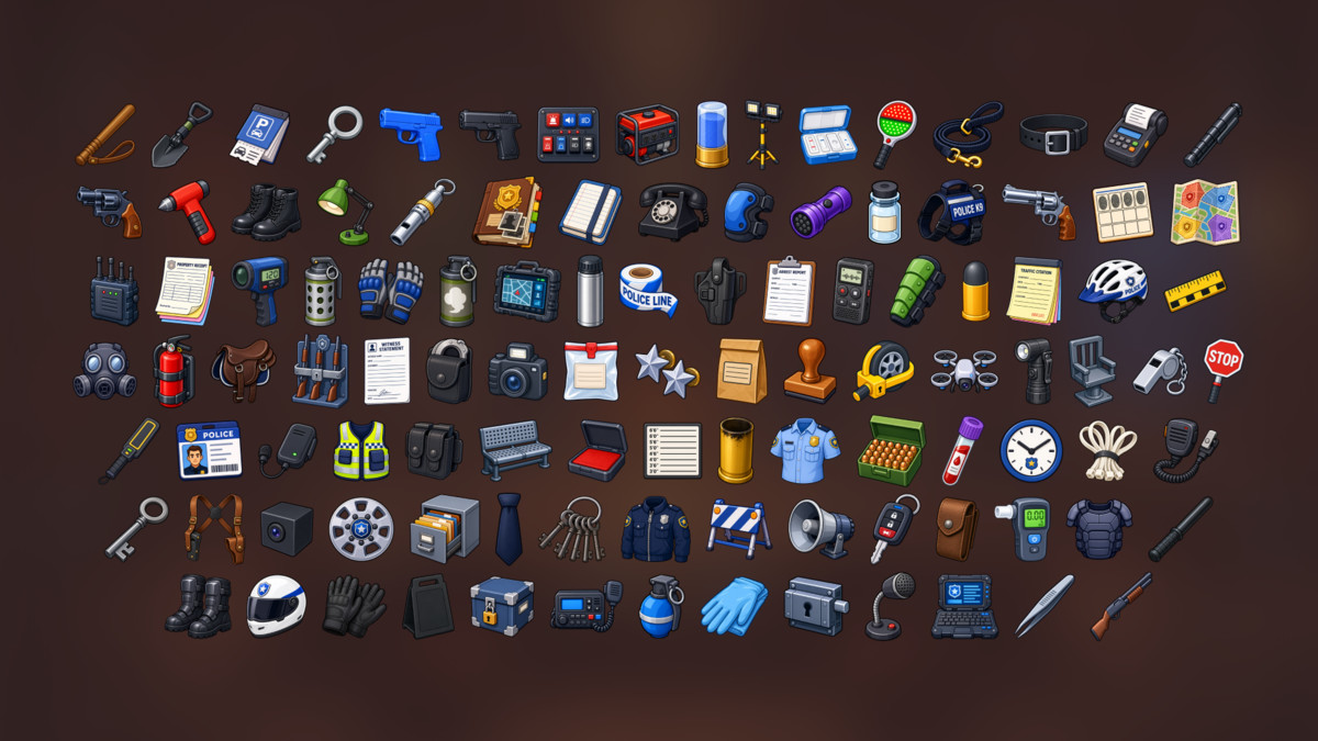 Police Equipment Forensics Investigation Security Patrol Icons Pack