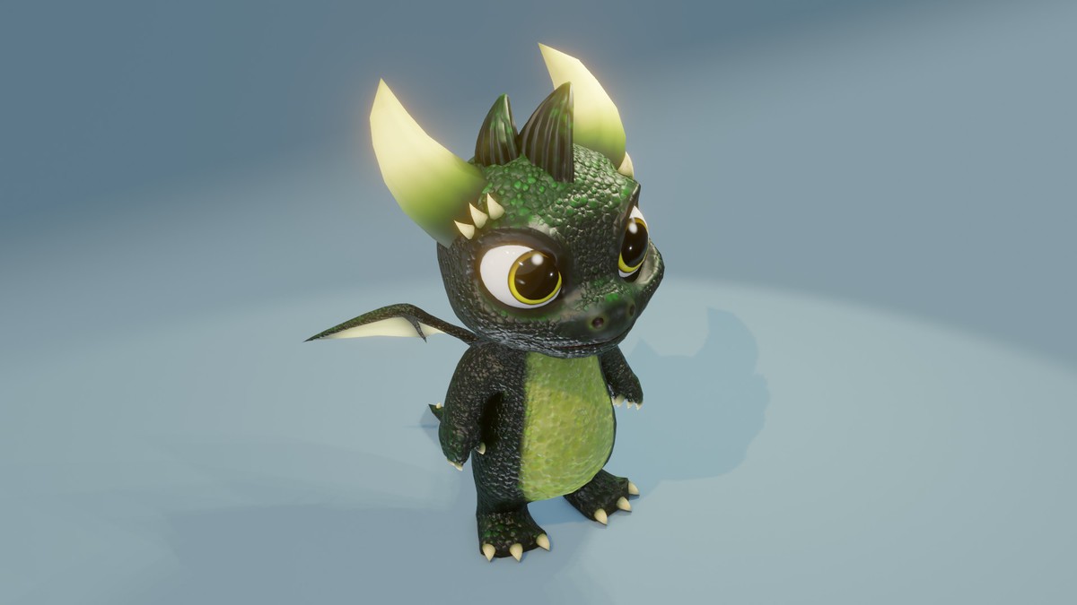 Cartoon Dark Green Baby Dragon 3D Model (Low-Poly, Game-Ready, Built-In)