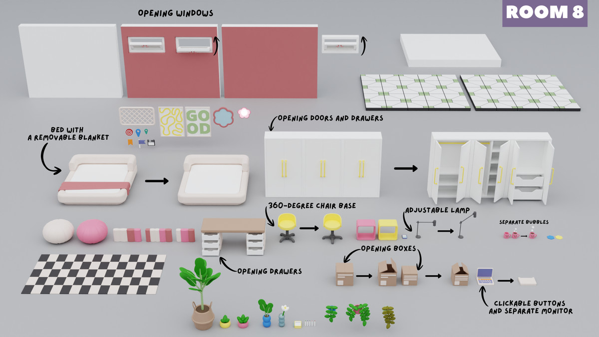 Cartoon Interactive Rooms & Furniture - Cozy Interior Pack