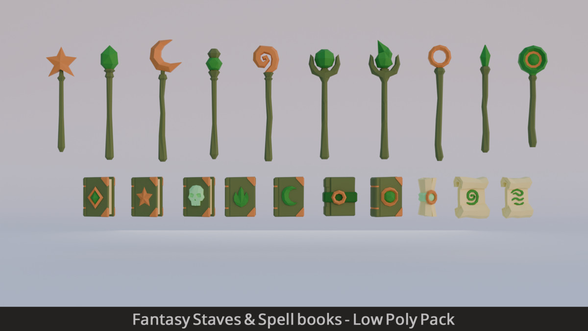 Fantasy Staves & Spell books - Low Poly Pack