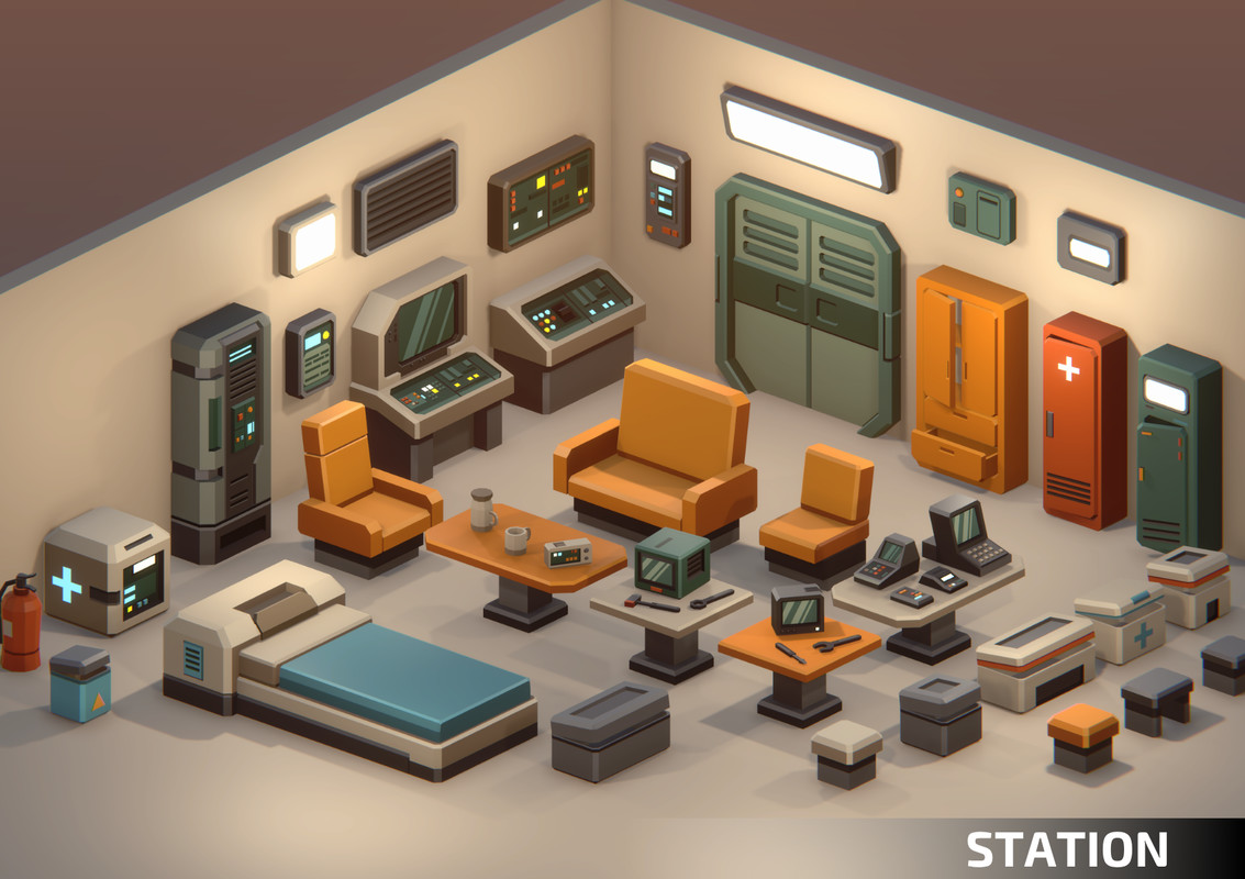 Sci-Fi Low Poly Interior Bundle: Grand Colony Collection (5-in-1) | Cosmic Retro