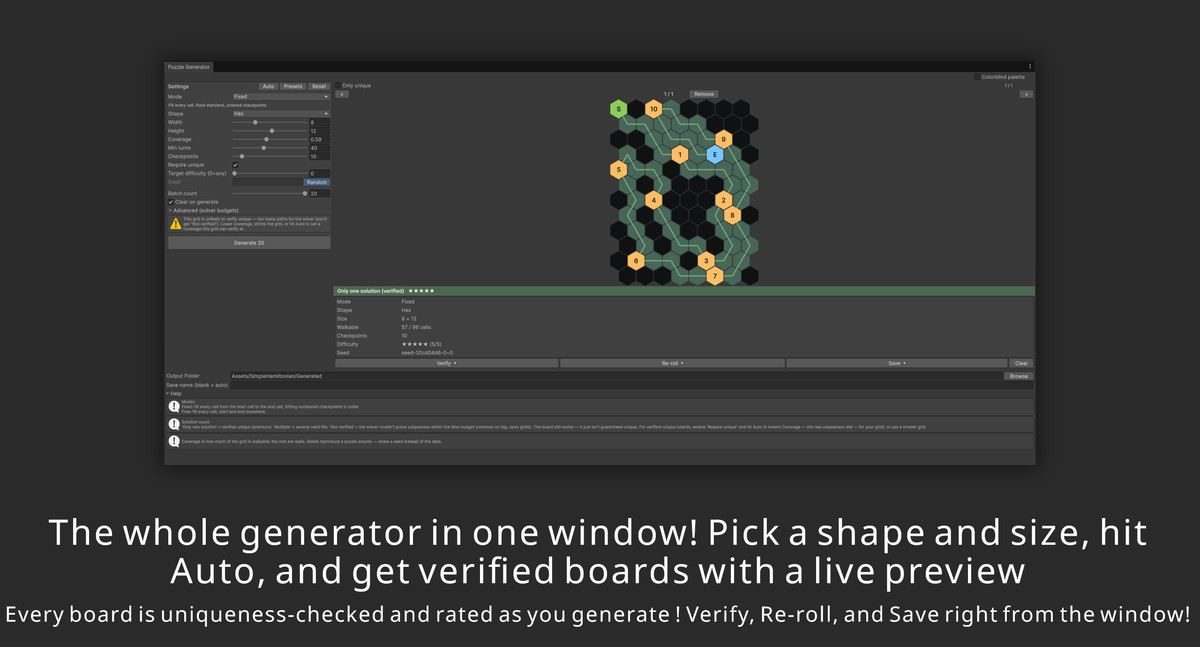 Simple Hamiltonian: One Line, Number Trail & Cover-All No-Code Puzzle Generator