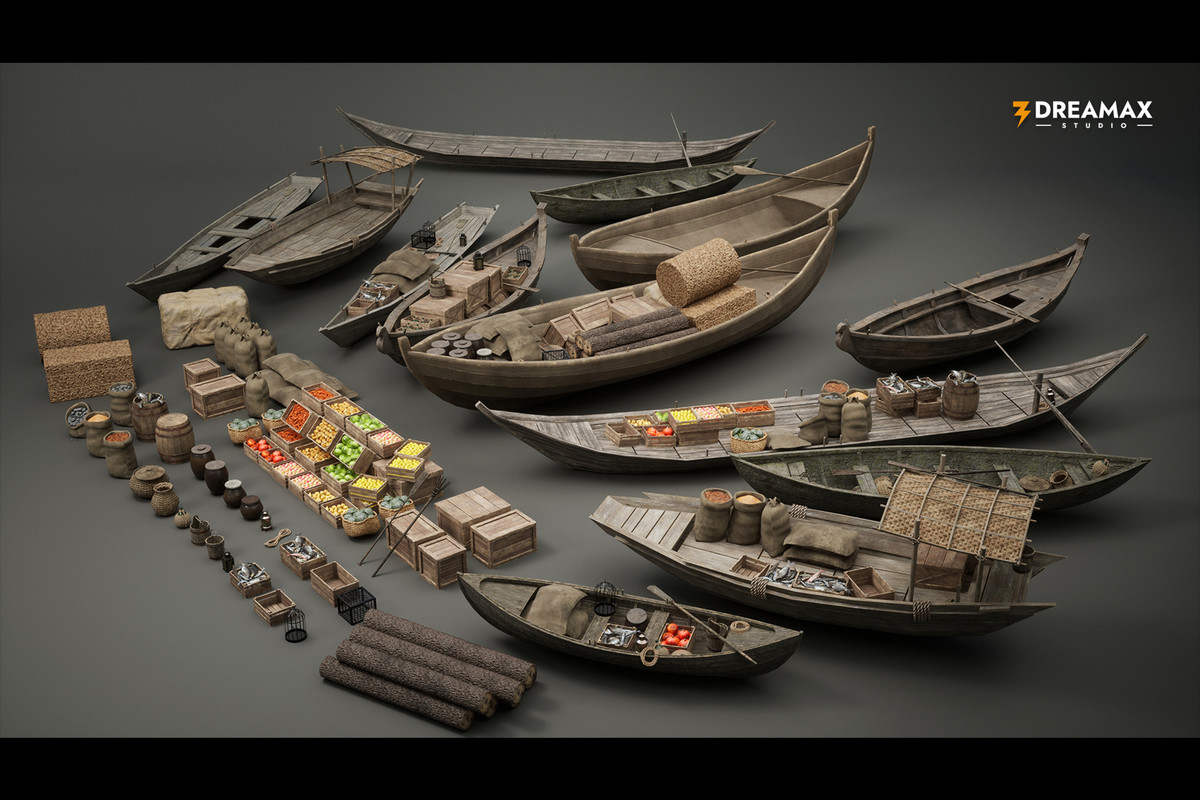 Medieval Rowboats & Harbor Trade Props Pack – Fishing, Cargo & Dock Assets