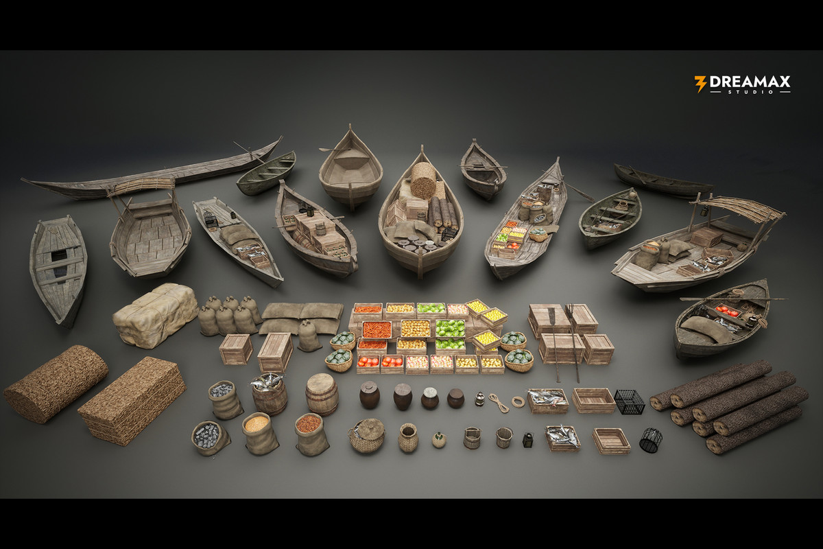 Medieval Rowboats & Harbor Trade Props Pack – Fishing, Cargo & Dock Assets
