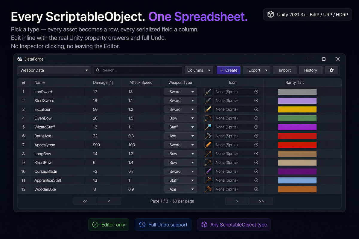 DataForge - ScriptableObject Spreadsheet Editor