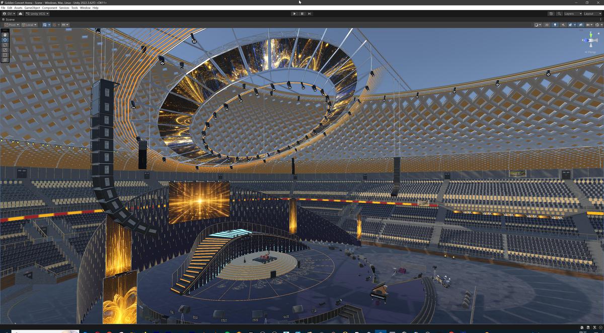 Golden Concert Arena Stadium 3D Model - Futuristic Environment with Stage, Props