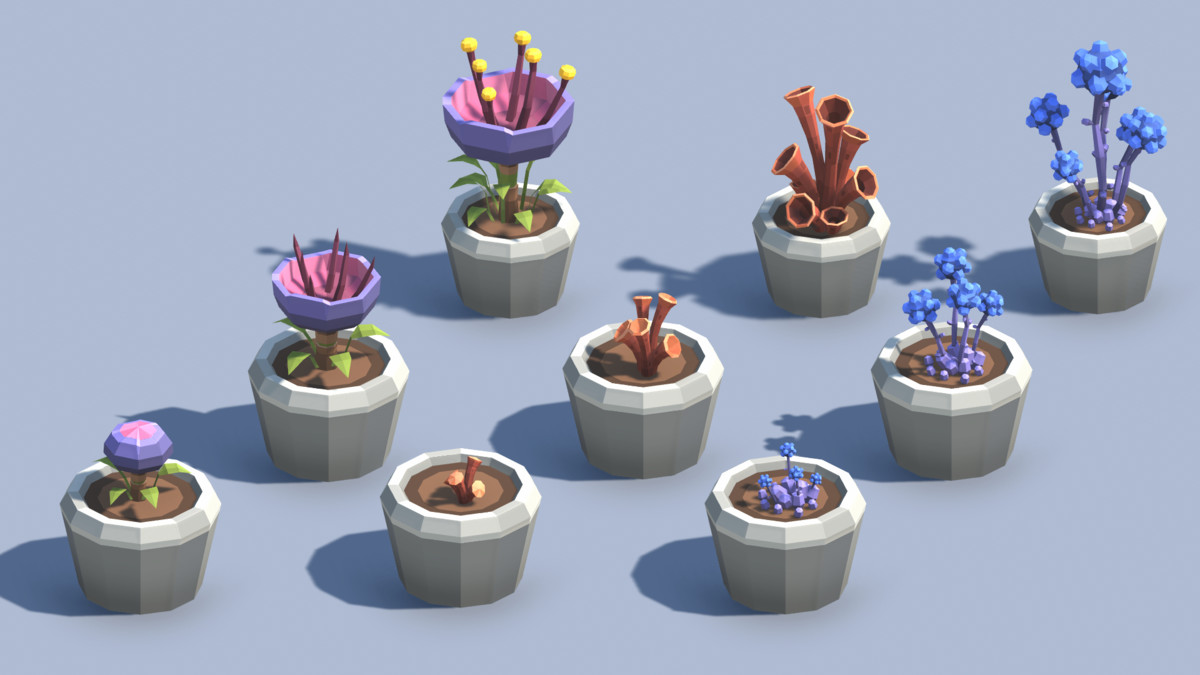 Low Poly Plants & Pots Pack with Growth System / Cosmic Retro