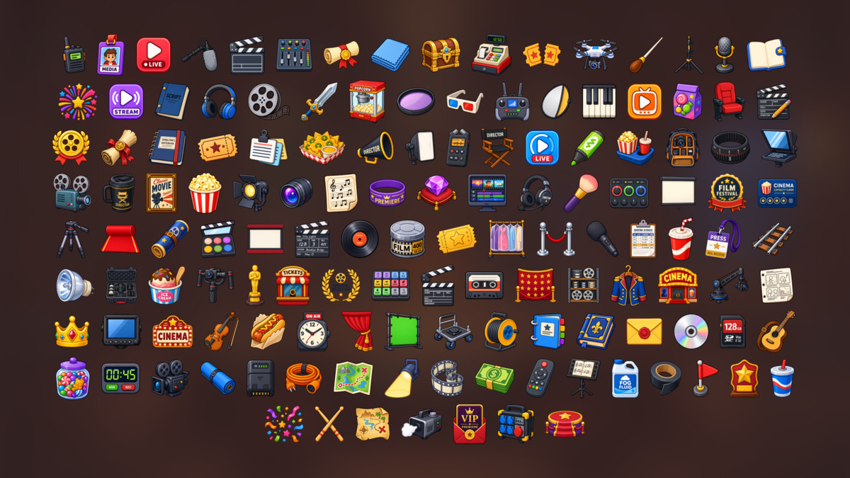 Movie Cinema Film Production Media Music Entertainment Icons Pack