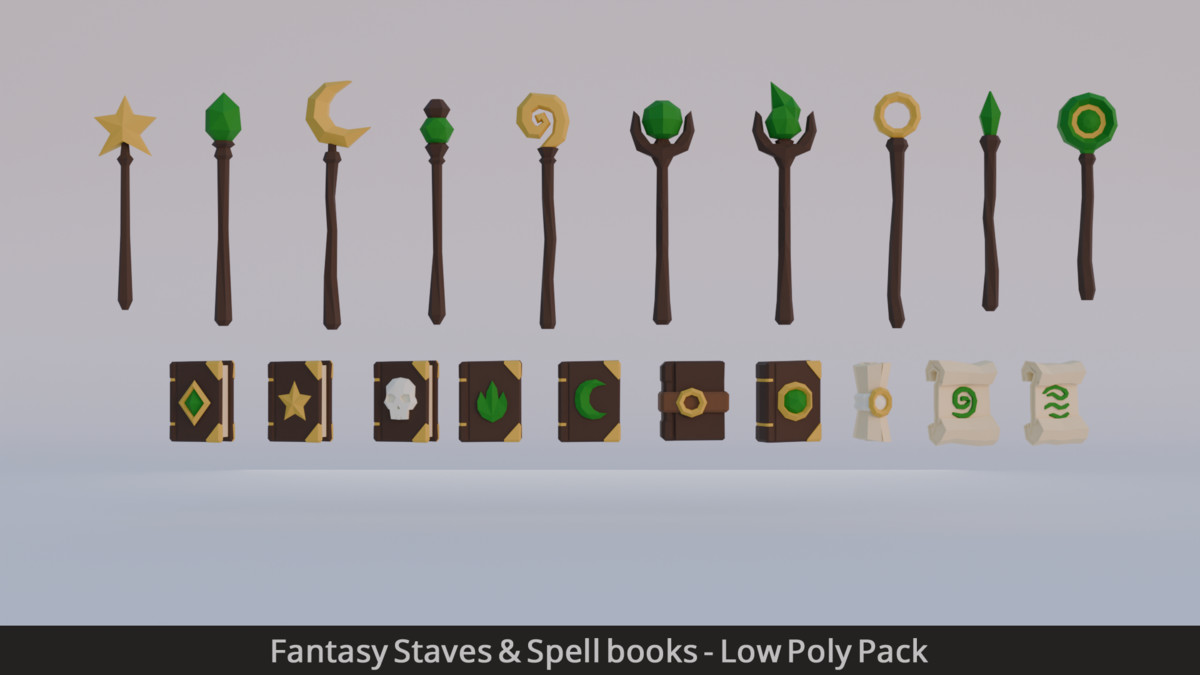 Fantasy Staves & Spell books - Low Poly Pack