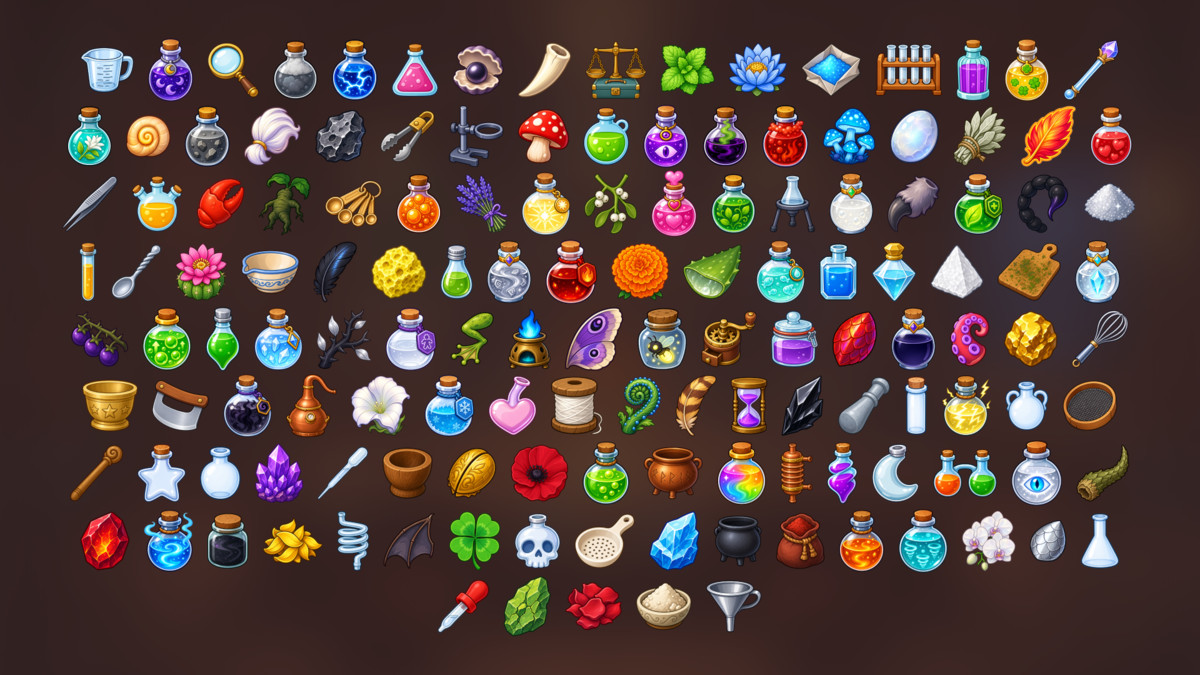 Potions Crafting Alchemy Magic Ingredients Witchcraft Icons Pack