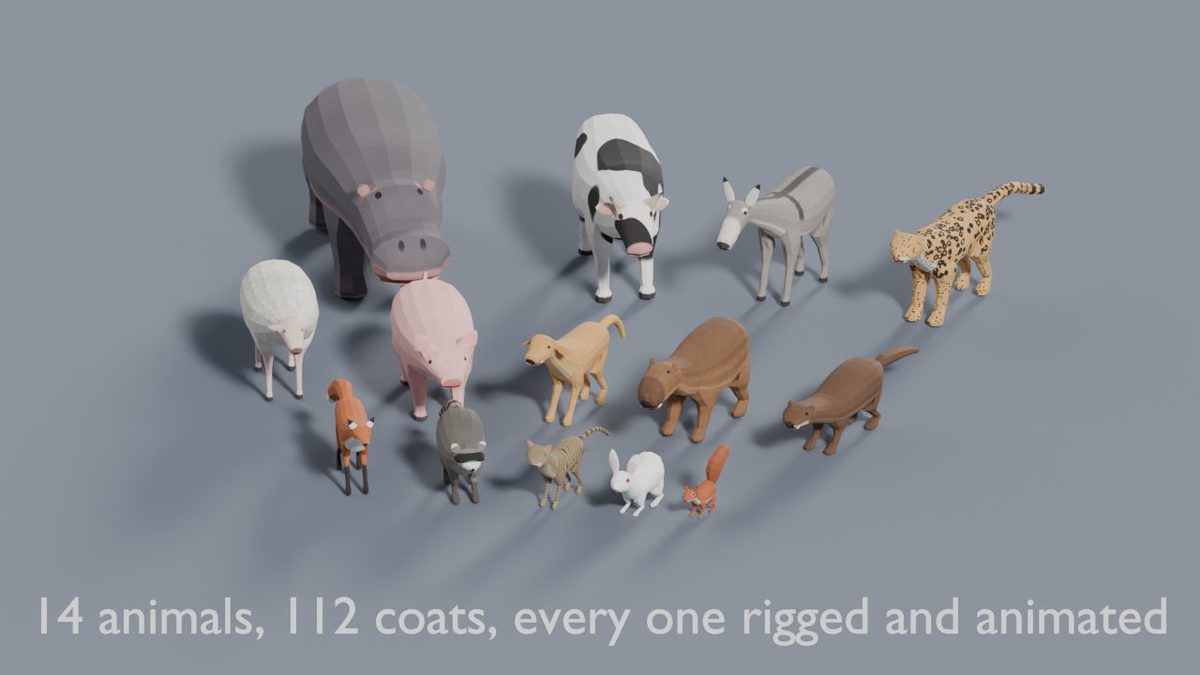 Animated Low Poly Animals Pack 2 | Fox, Cow, Cat, Pig & More | 112 Variants