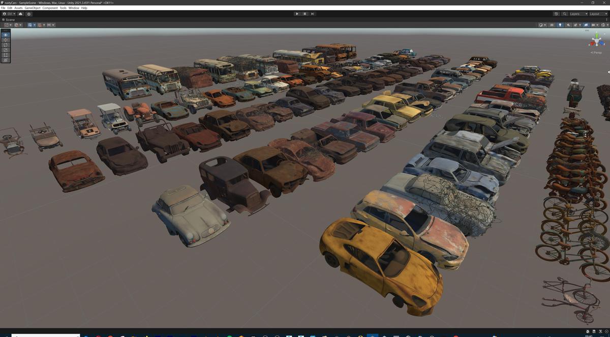 Old Abandoned Junk Rusty Vehicles 3d Game Ready Set (Car, Bus, Motorcycle, Bike)
