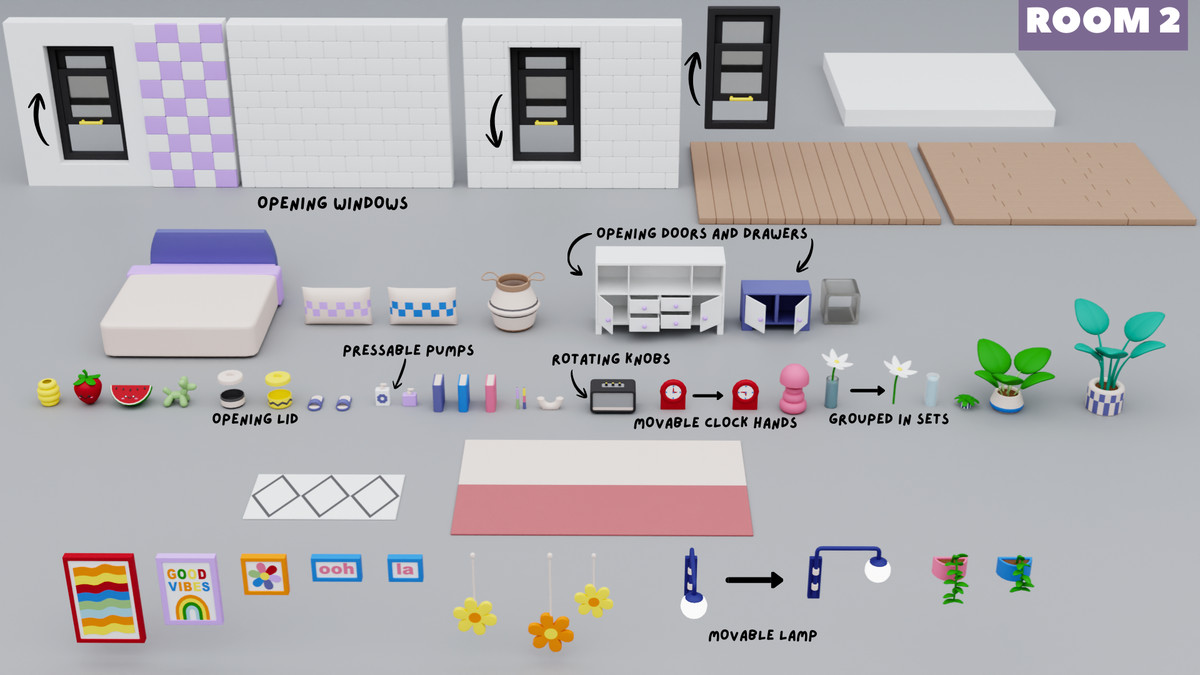 Cartoon Interactive Rooms & Furniture - Cozy Interior Pack 2