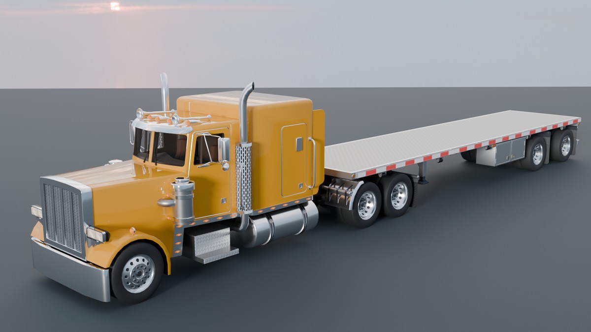 American Semi Truck with Flatbed Trailer & Cable Reel Cargo