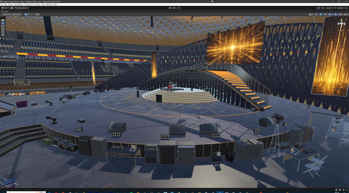Golden Concert Arena Stadium 3D Model - Futuristic Environment with Stage, Props