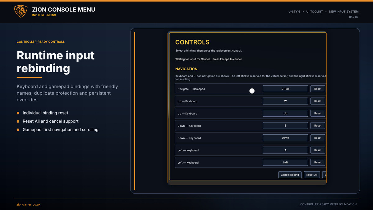 Zion Console Menu
