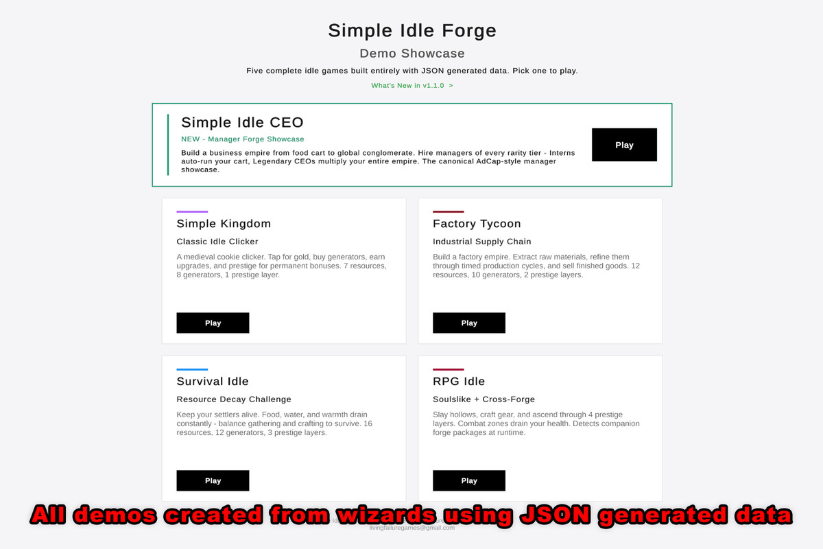 Simple IDLE Forge: No-Code Idle Game Toolkit w/ 4 Playable Demos & JSON support