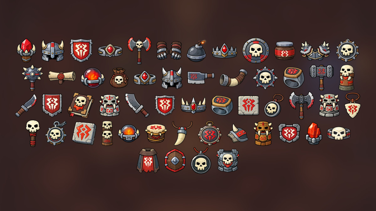 Dark Barbarian RPG Icons Inventory Skull Weapons, Armor, Loot, PvP Gear Pack