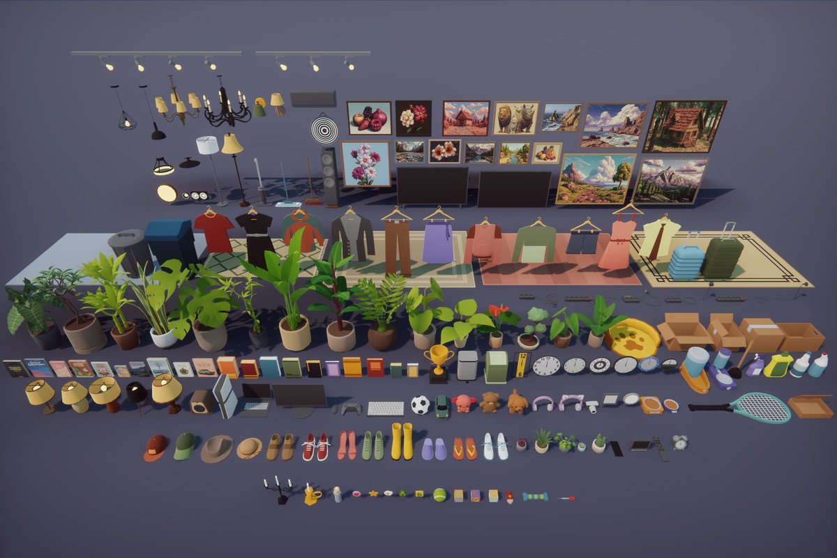 Low Poly Cartoon House Interior & Exterior