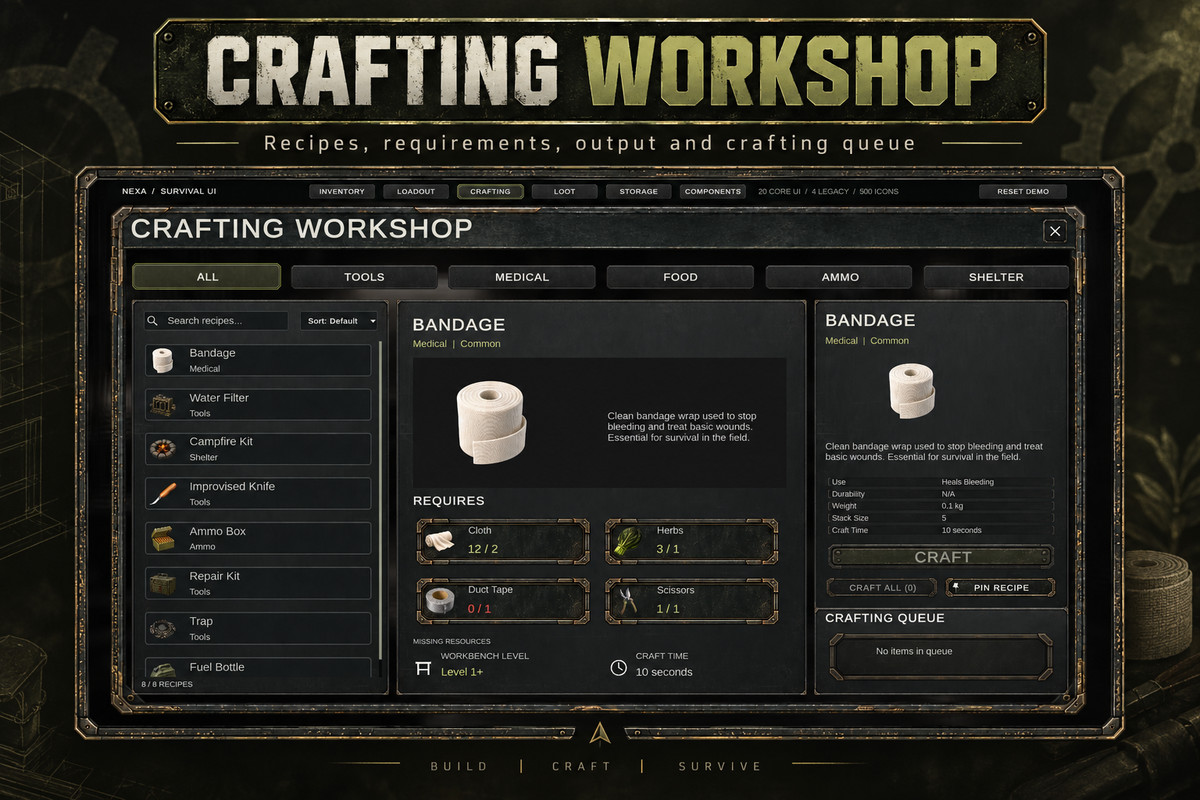 Survival UI Kit – 500 Icons & 5 Demo Screens