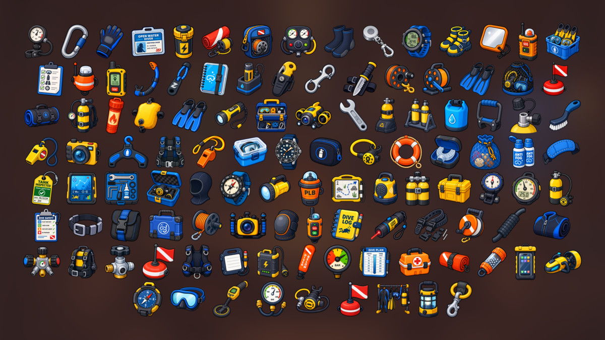 Diving Scuba Underwater Ocean Exploration Equipment Icons Pack