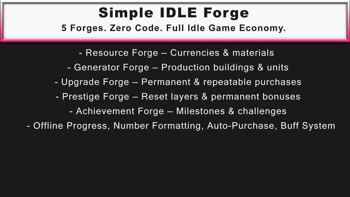 Simple IDLE Forge: No-Code Idle Game Toolkit w/ 4 Playable Demos & JSON support