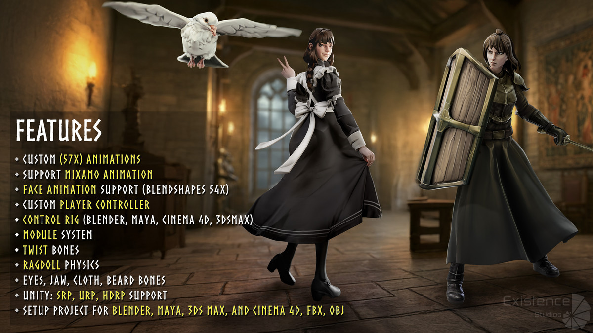 3 in 1 - Stylized Character Pack - Maid Mary - White Pigeon - Shield Guardian