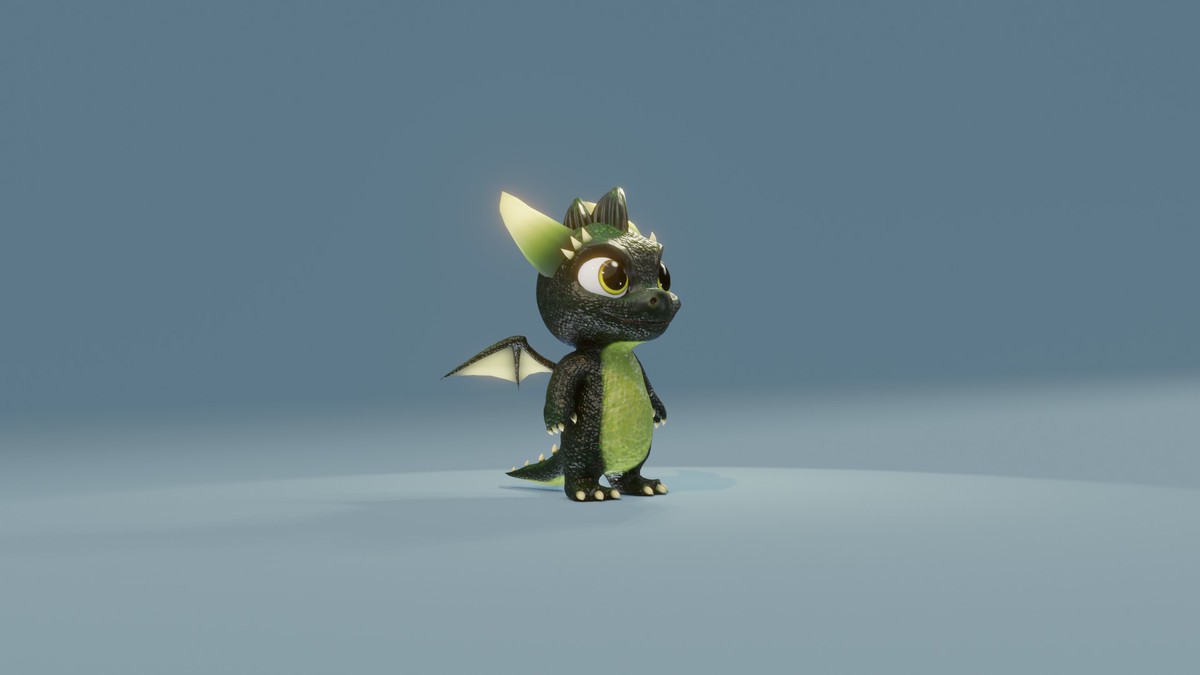 Cartoon Dark Green Baby Dragon 3D Model (Low-Poly, Game-Ready, Built-In)