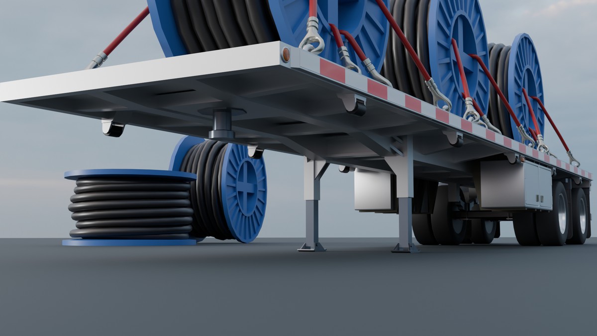 American Semi Truck with Flatbed Trailer & Cable Reel Cargo
