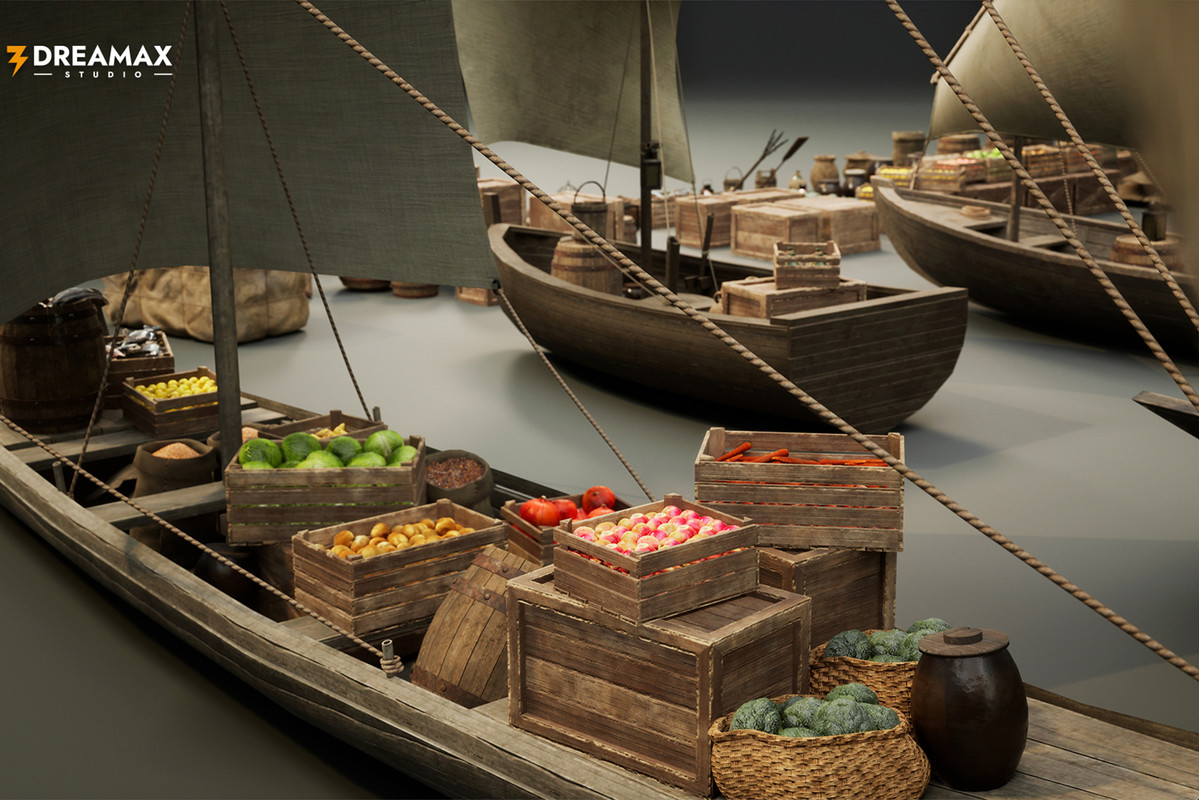 Medieval Sailing Boats & Harbor Market Props Pack – Cargo, Market & Dock Assets