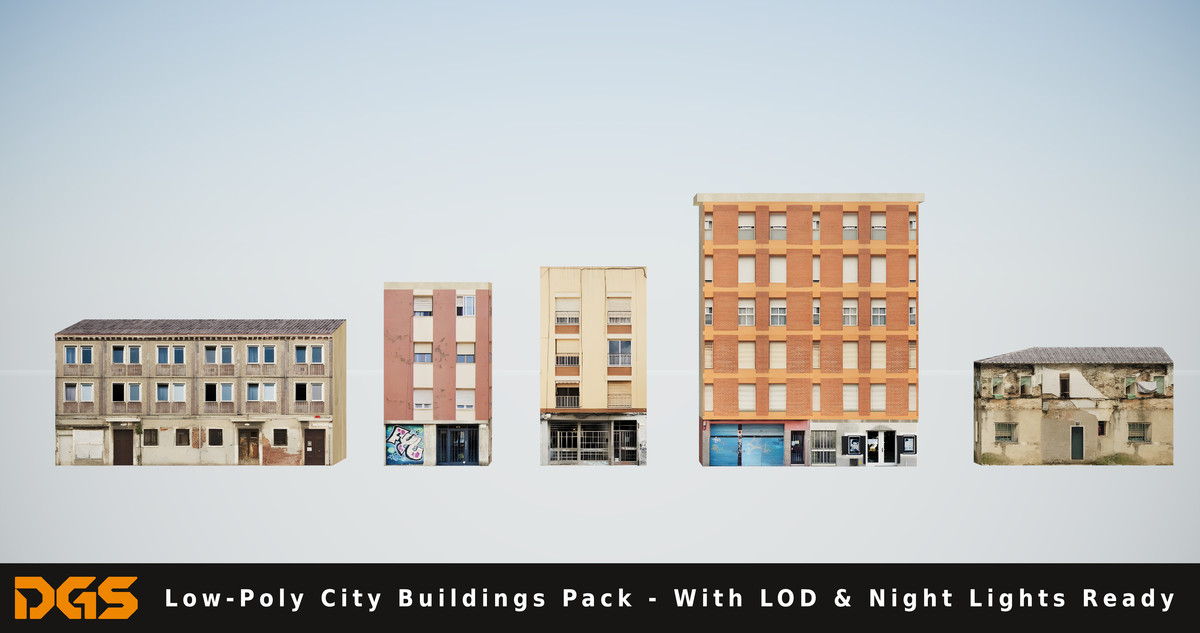 Low-Poly City Buildings Pack - With LOD & Night Lights Ready