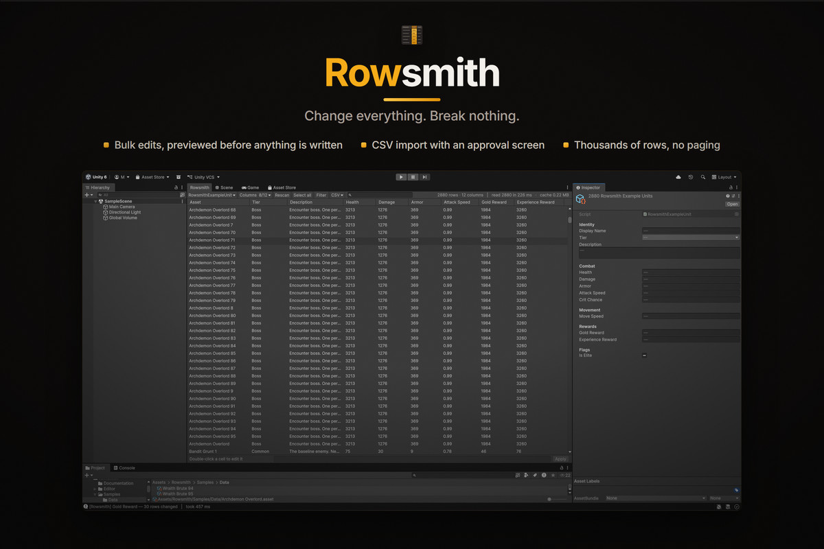 Rowsmith — ScriptableObject Spreadsheet Editor