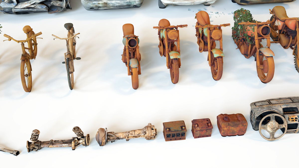 Old Abandoned Junk Rusty Vehicles 3d Game Ready Set (Car, Bus, Motorcycle, Bike)