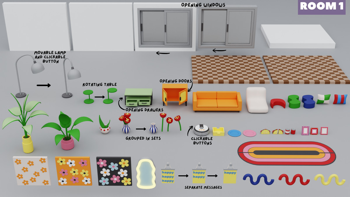 Cartoon Interactive Rooms & Furniture - Cozy Interior Pack 2