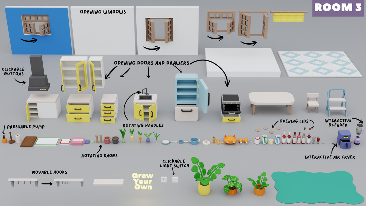 Cartoon Interactive Rooms & Furniture - Cozy Interior Pack 2