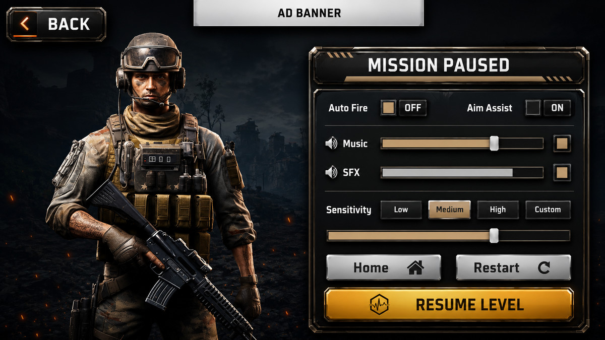 FPS Shooter Game UI Kit Complete Military HUD, Main Menu, Store, Mobile GUI