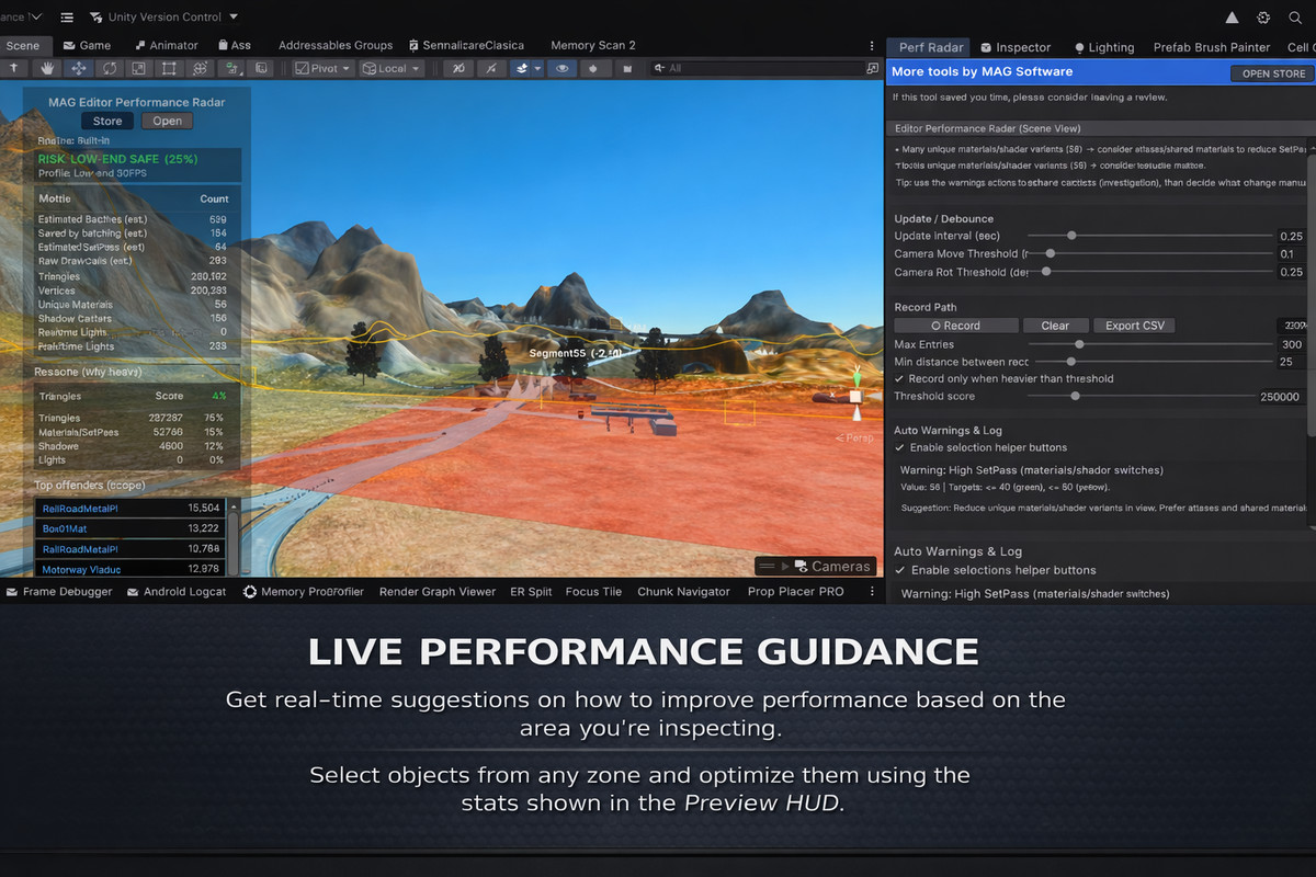 MAG Performance Radar – Scene View HUD + Heatmap (Batches/SetPass/Tris)