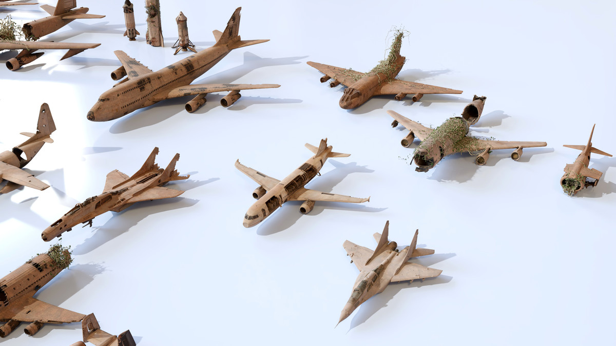 Old Abandoned Junk Rusty Aircraft and Helicopter Set 3d Game Ready Modular Props