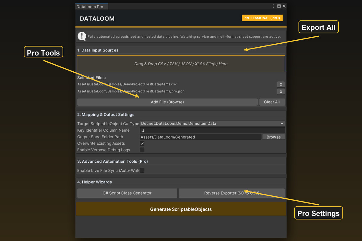 DataLoom Pro - Excel, JSON, CSV to ScriptableObject Database Importer