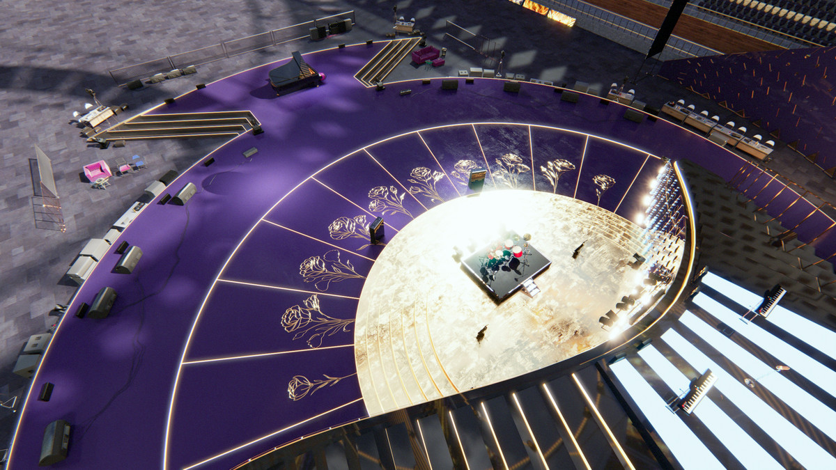 Golden Concert Arena Stadium 3D Model - Futuristic Environment with Stage, Props