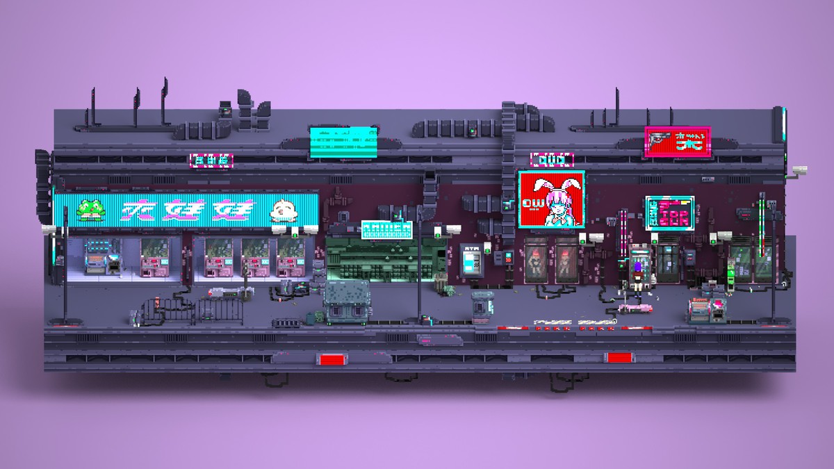 Voxel Cyberpunk Streets - 3D pixel art - monogon