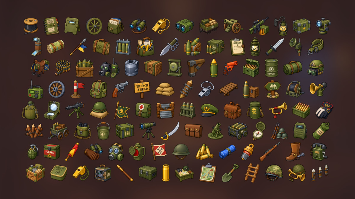 Military Trench Warfare Field Gear Ammunition Icons Pack